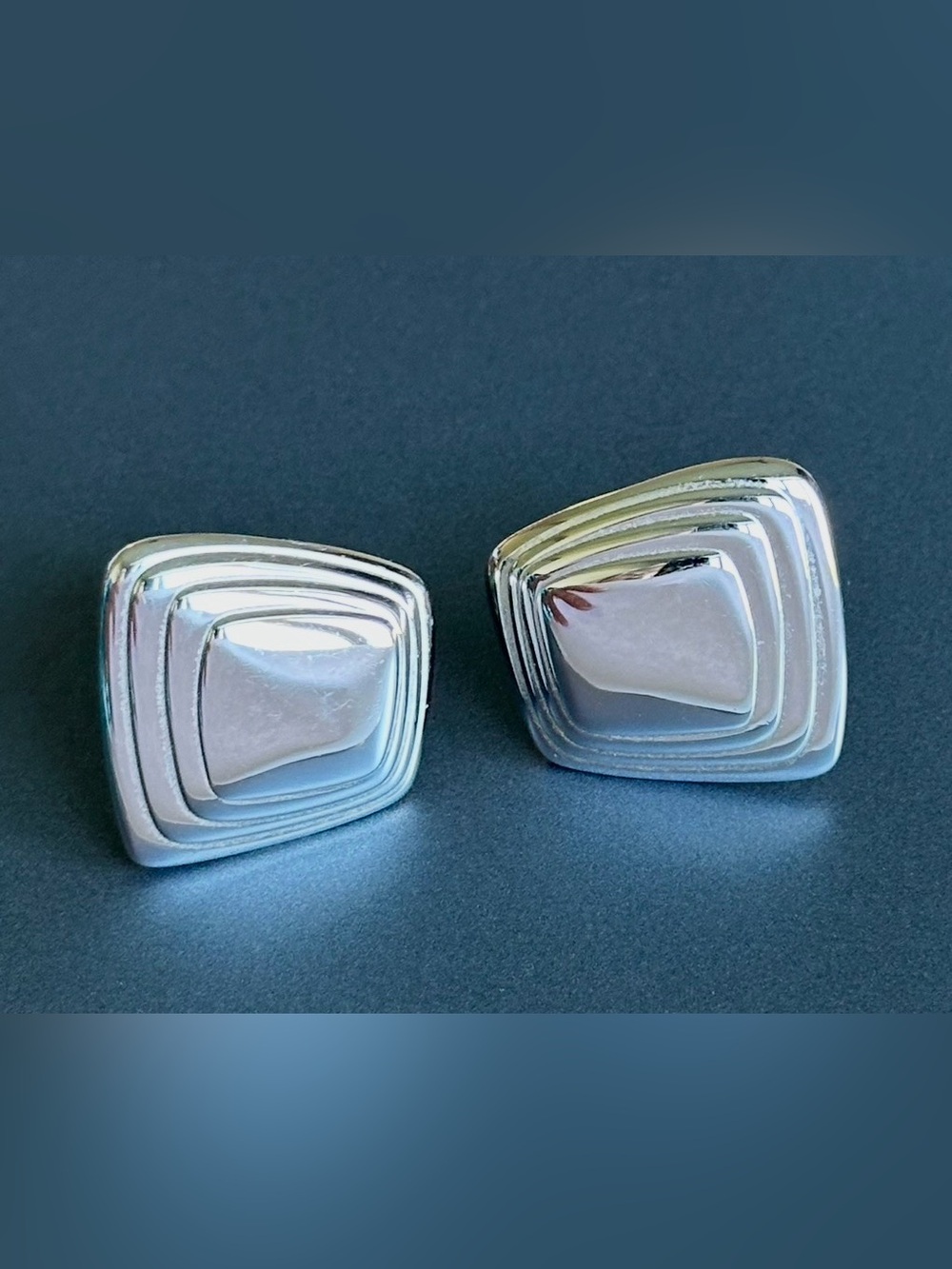 VTG MONET Silver Chunky Geometric Clip On Earrings Tiered Modernist Runway